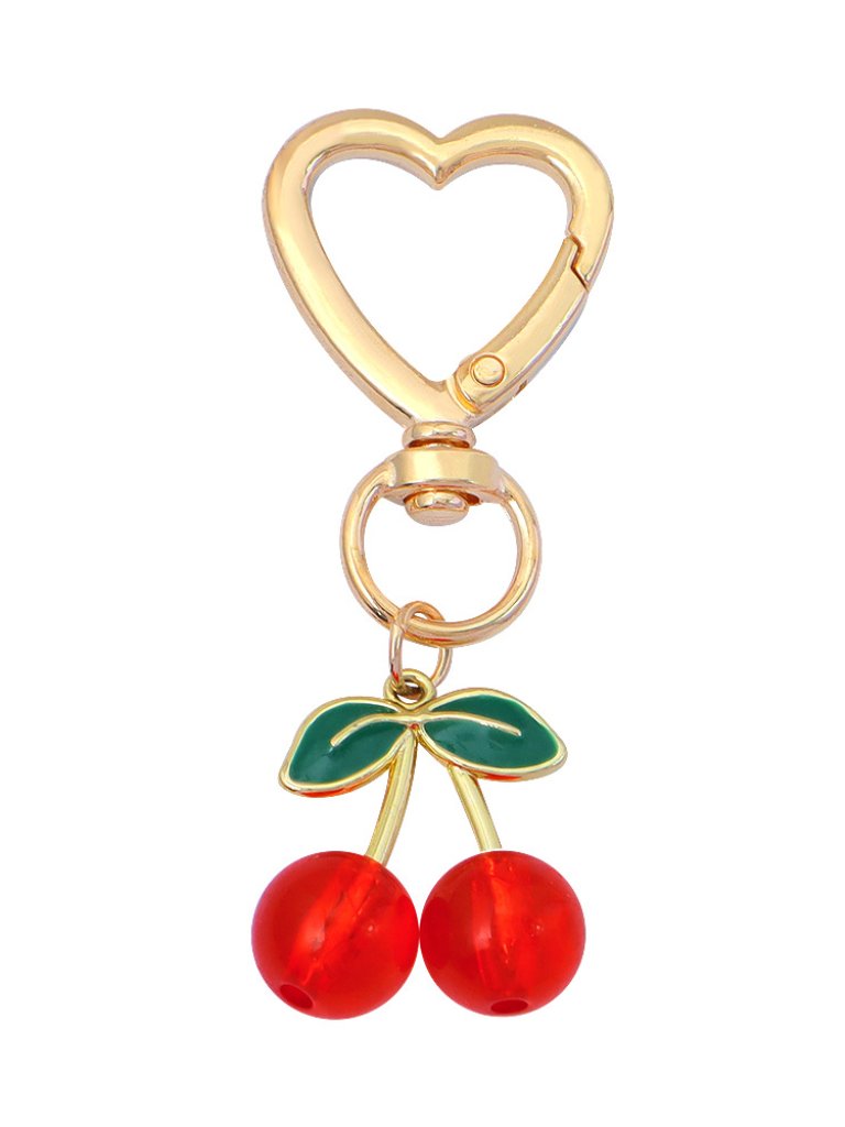 Gold Heart Cherry Keychain - Red & Green Charm